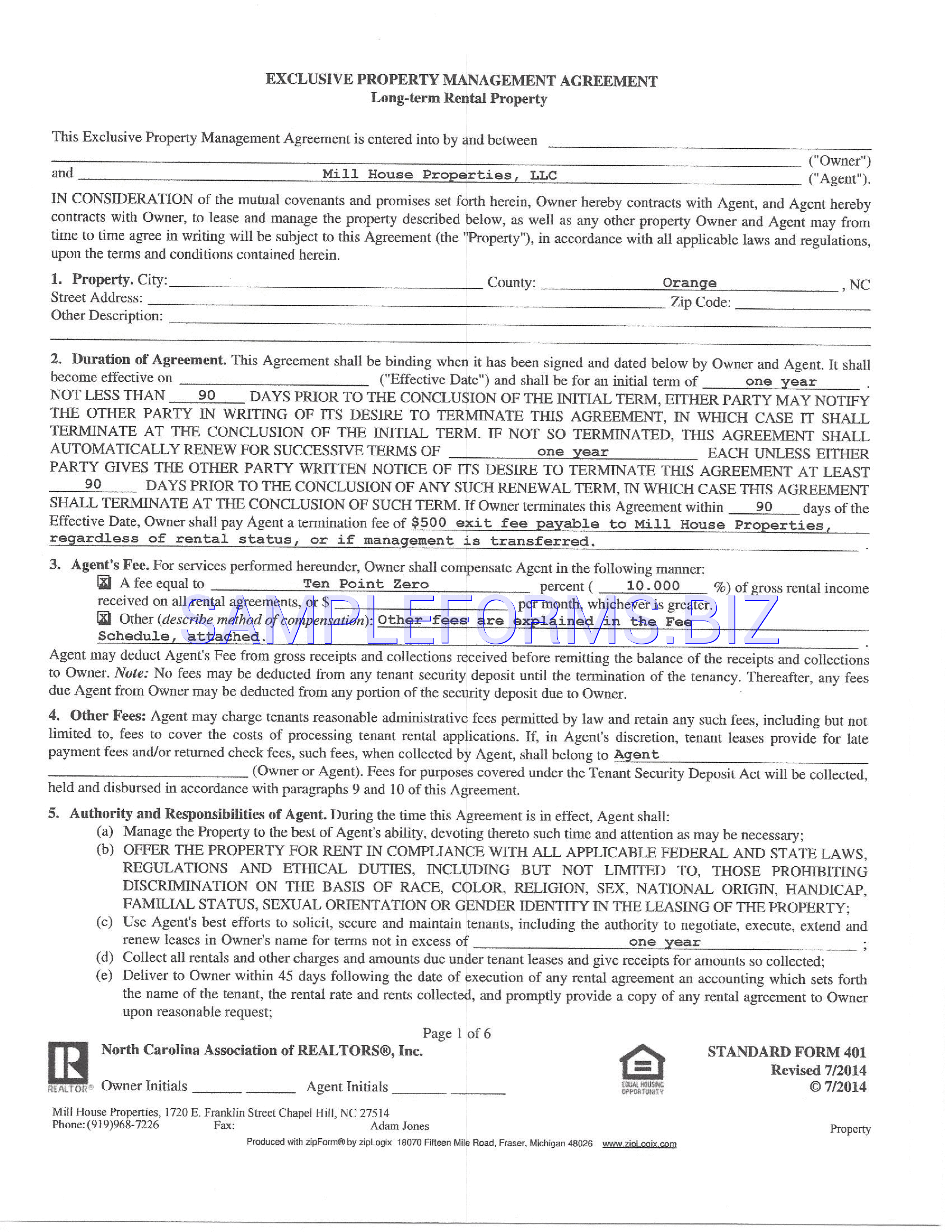 Preview free downloadable Exclusive Property Management Agreement in PDF (page 1)